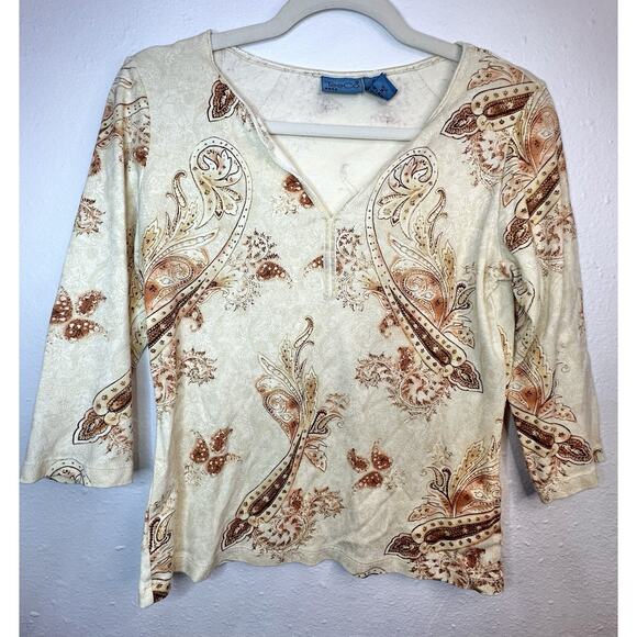 Vtg Y2K Tan & Brown Paisley Blue Size Medium With Velvet Accents Boho Western - Picture 1 of 6